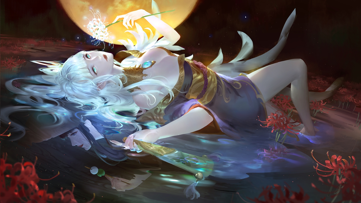 aliasing, barefoot, dress, fan, final_fantasy, final_fantasy_xiv, flowers, green_eyes, long_hair, moon, reflection, tagme_(artist), tsukuyomi, water, white_hair, yotsuyu