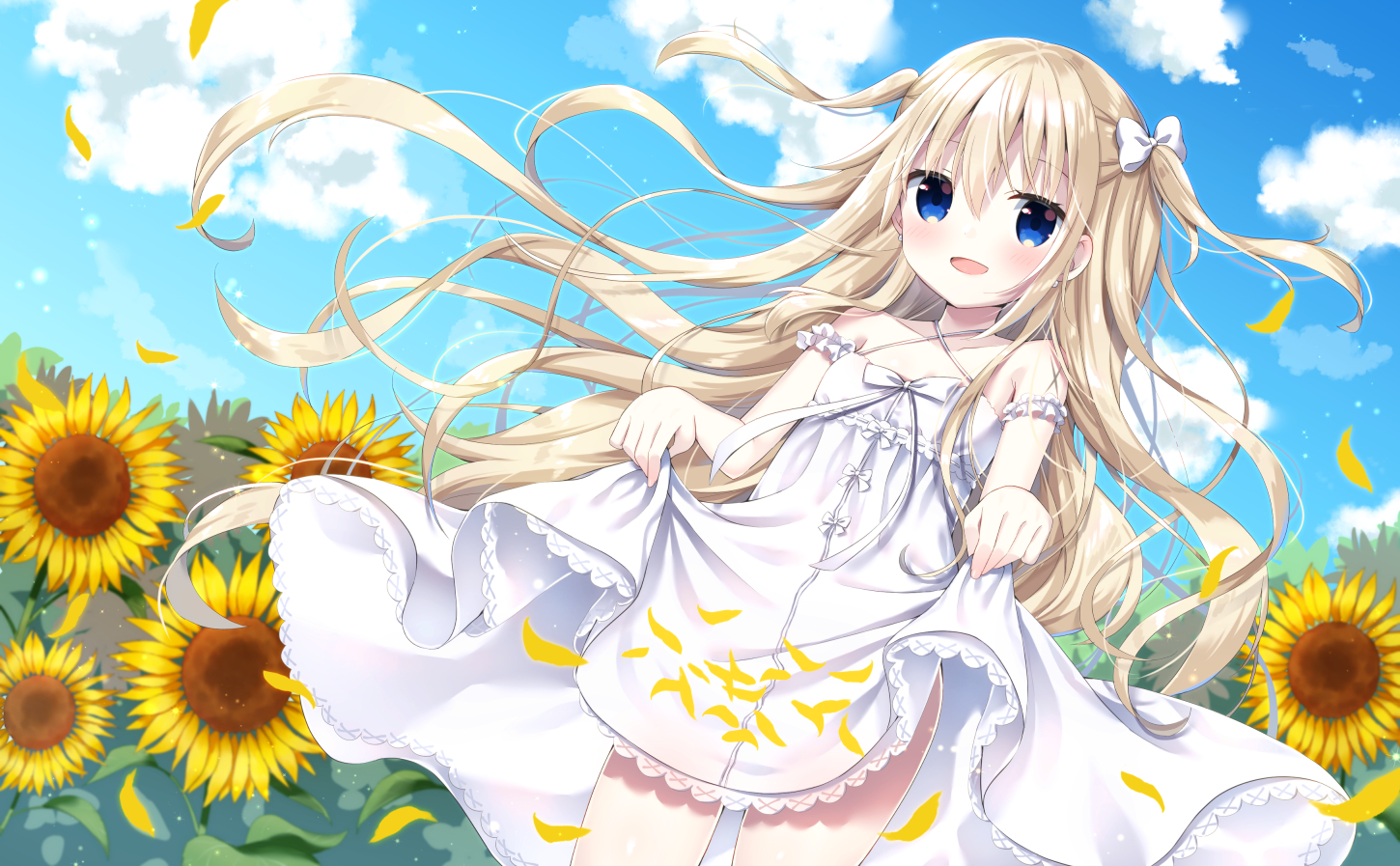blonde_hair, blue_eyes, blush, bow, clouds, dress, flowers, long_hair