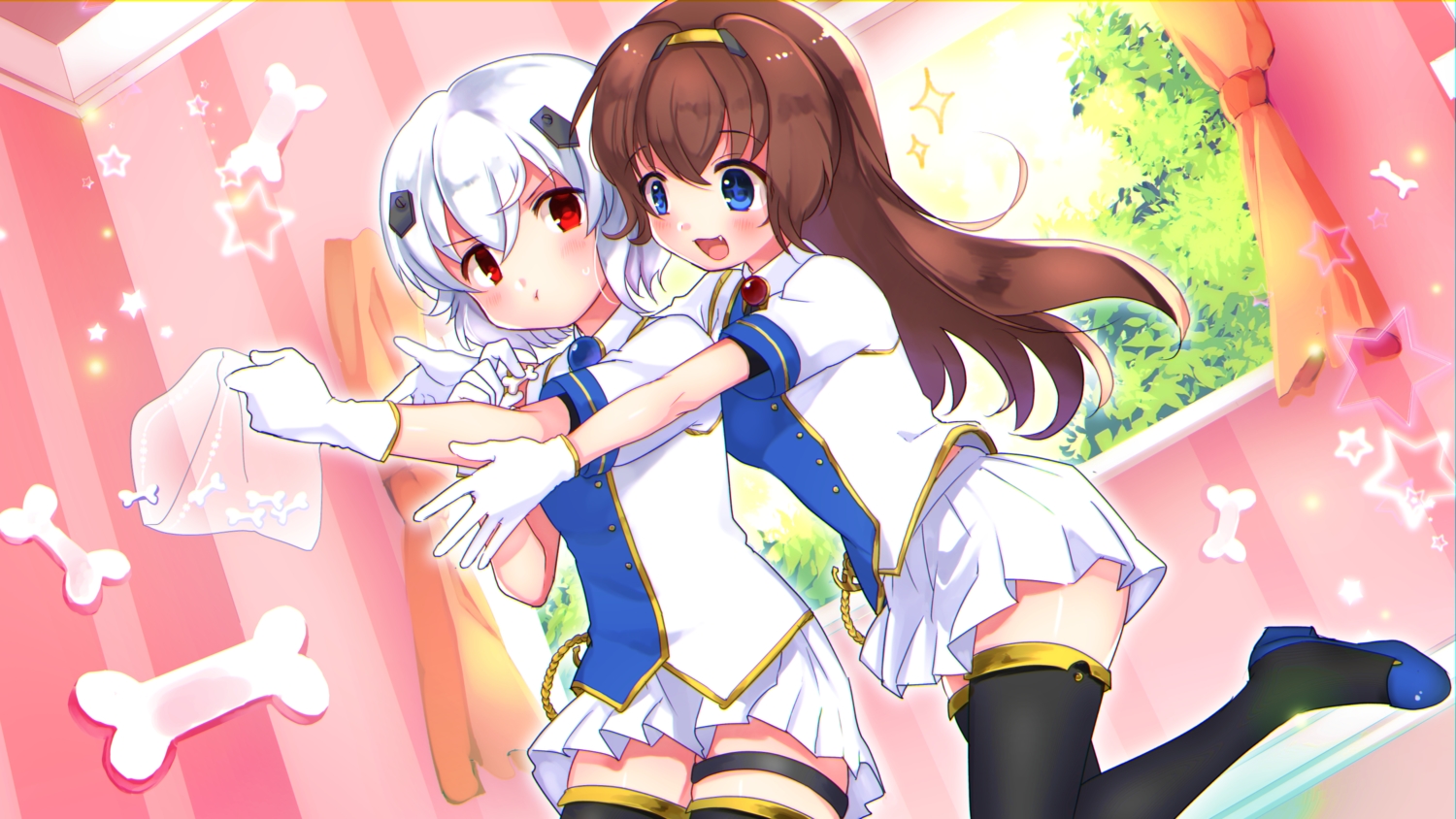 2girls, anthropomorphism, azur_lane, beagle_(azur_lane), blue_eyes, bones, brown_hair, bulldog_(azur_lane), garter, gloves, red_eyes, school_uniform, shinoko, stars, thighhighs, white_hair