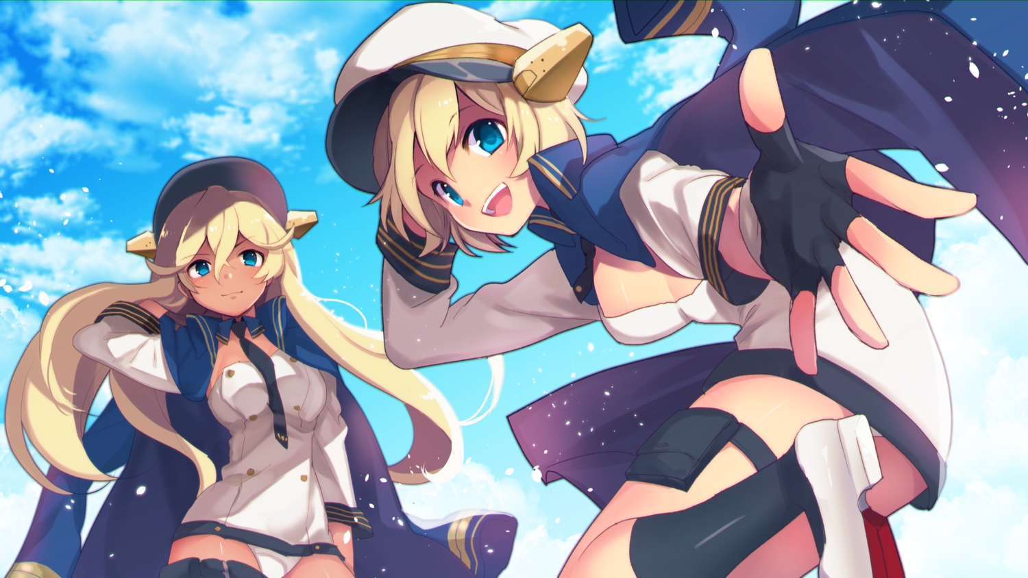 2girls, anthropomorphism, aqua_eyes, azur_lane, blonde_hair, california_(azur_lane), clouds, dark_skin