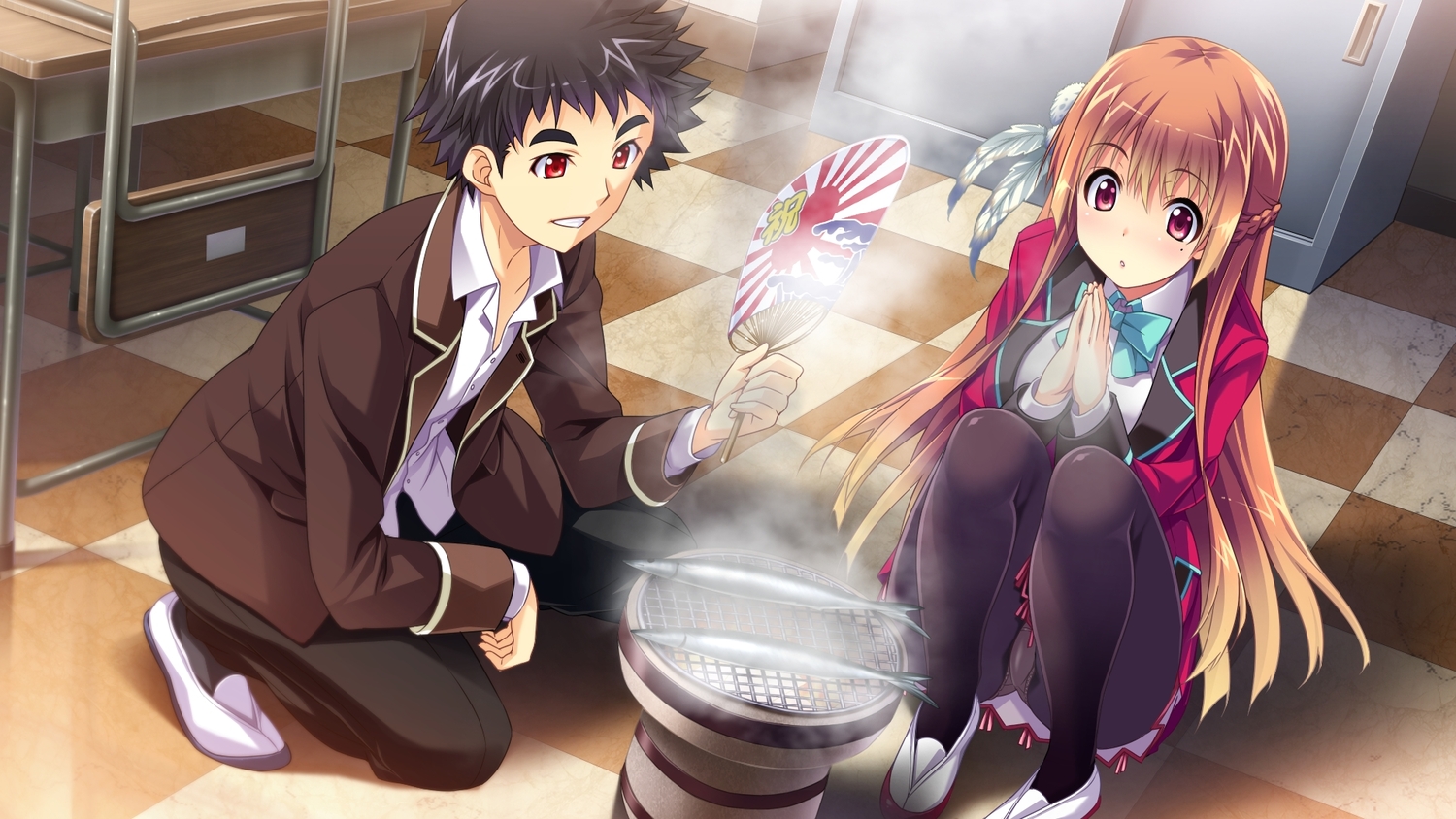 animal, baka_moe_heart_ni_ai_wo_komete!, black_hair, blonde_hair, bow, braids, fan, fish