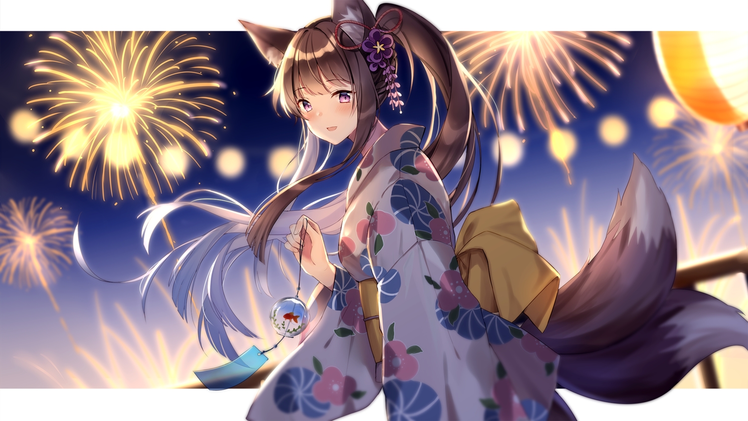 animal_ears, blush, brown_hair, fireworks, foxgirl, itsia, japanese_clothes, long_hair