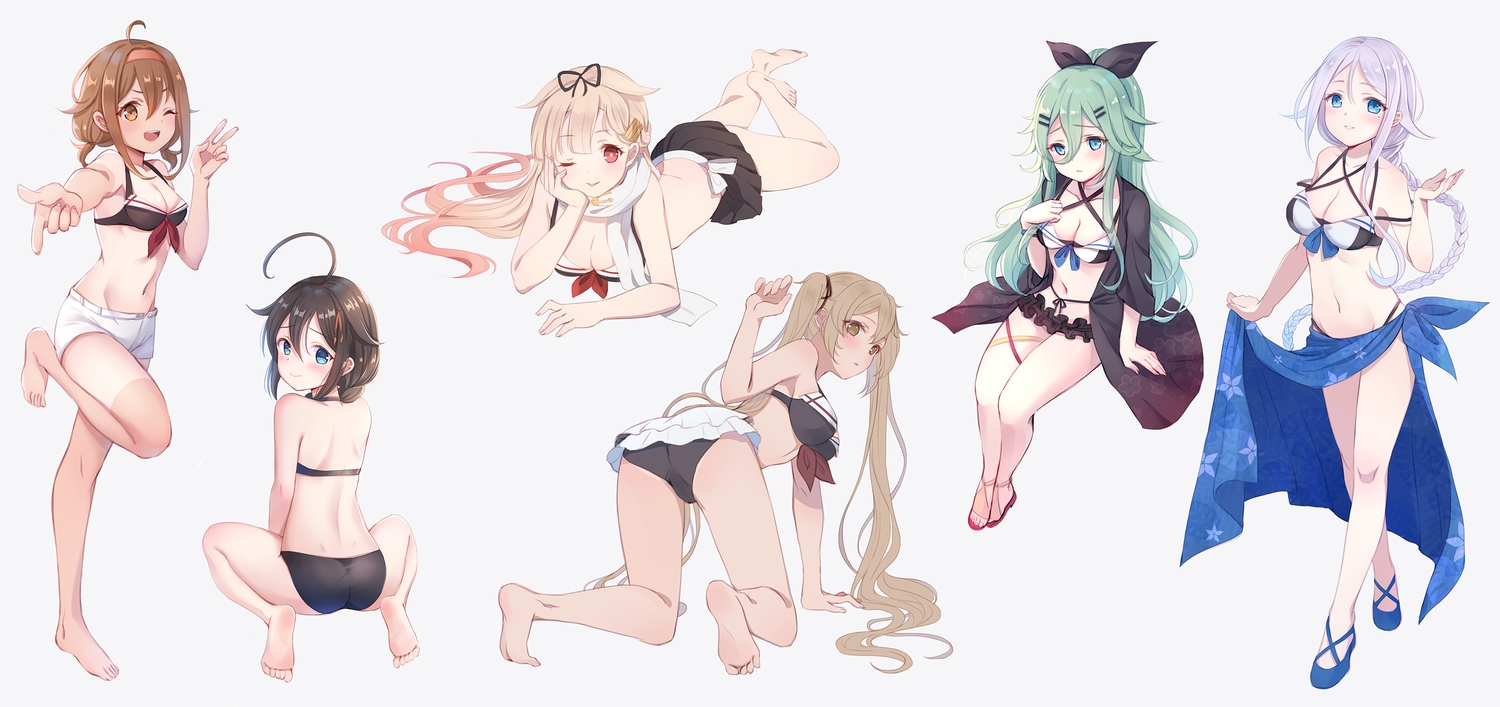 anthropomorphism, barefoot, bikini, blonde_hair, blue_eyes, braids, brown_eyes, brown_hair