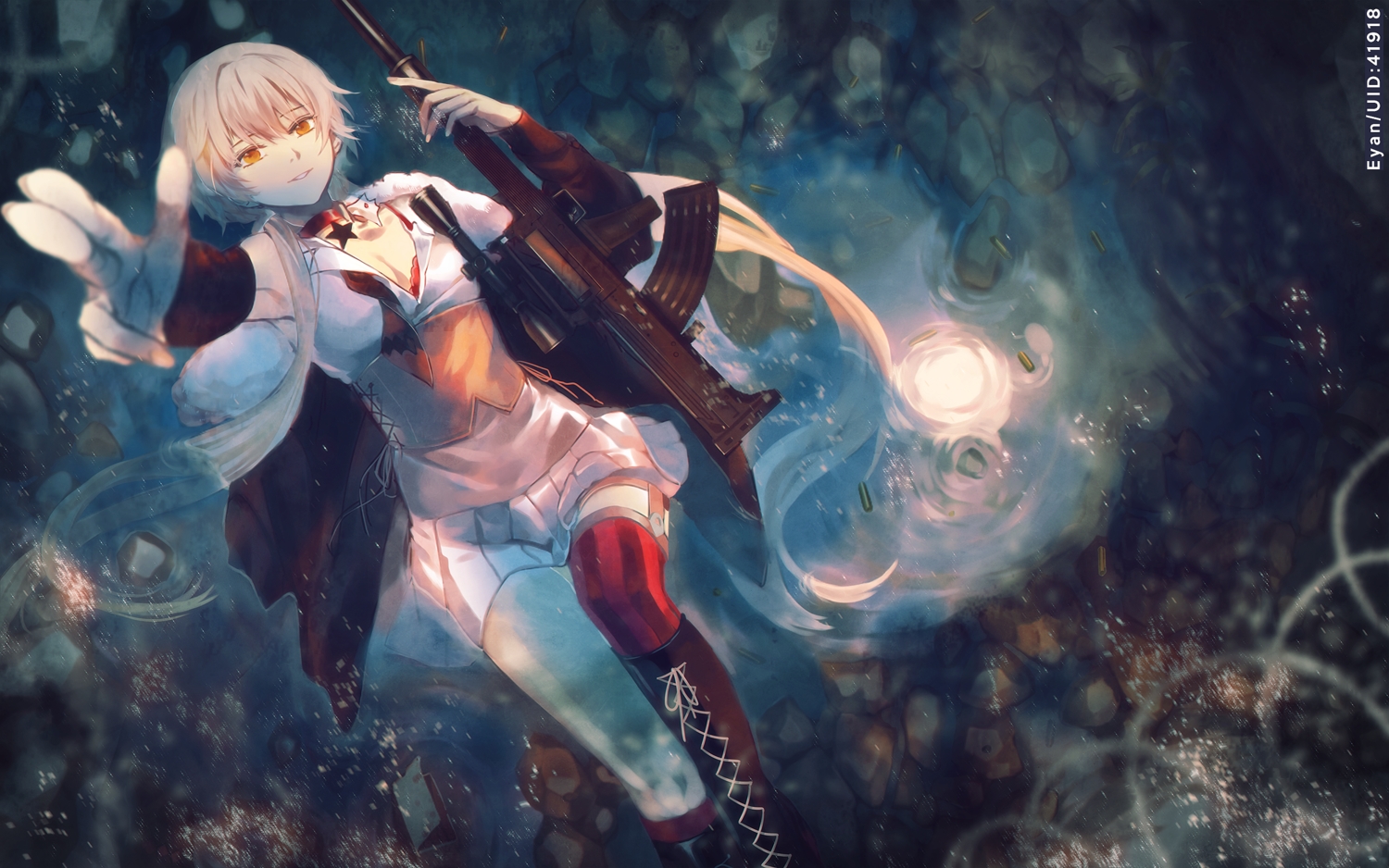 anthropomorphism, blonde_hair, boots, breasts, choker, cleavage, corset, garter_belt, girls_frontline, gun, long_hair, orange_eyes, ots-14_(girls_frontline), ryan_(stepde14), skirt, thighhighs, water, weapon