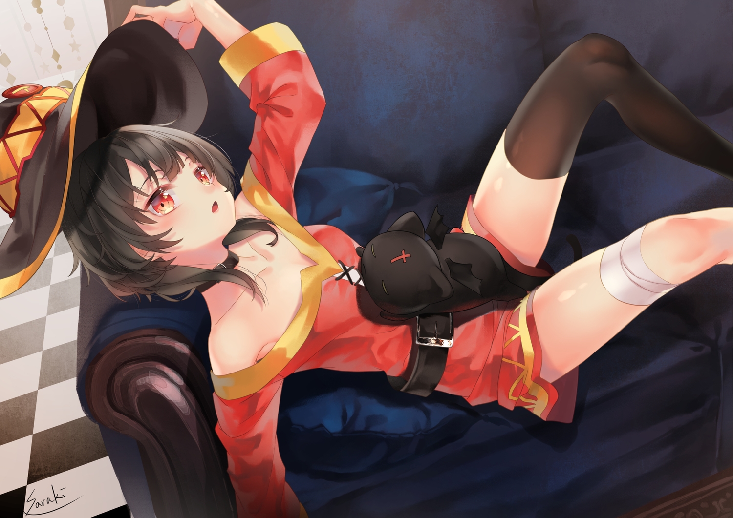 animal, black_hair, cat, chomusuke, collar, couch, garter_belt, hat