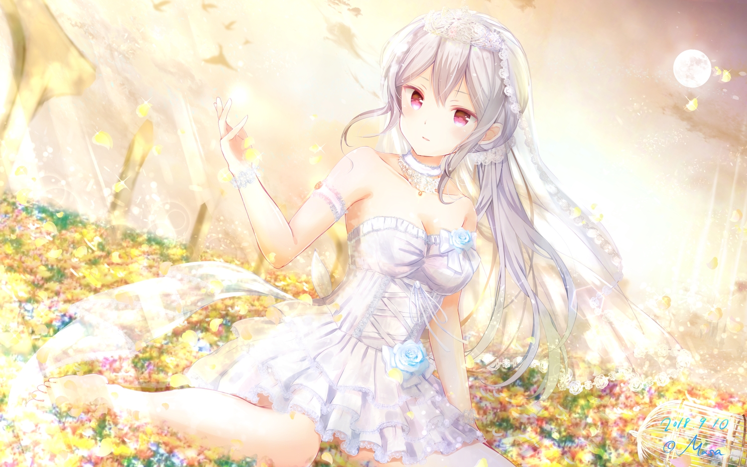 barefoot, dress, flowers, girlfriend_(kari), headdress, long_hair, masa_(mirage77), pink_eyes