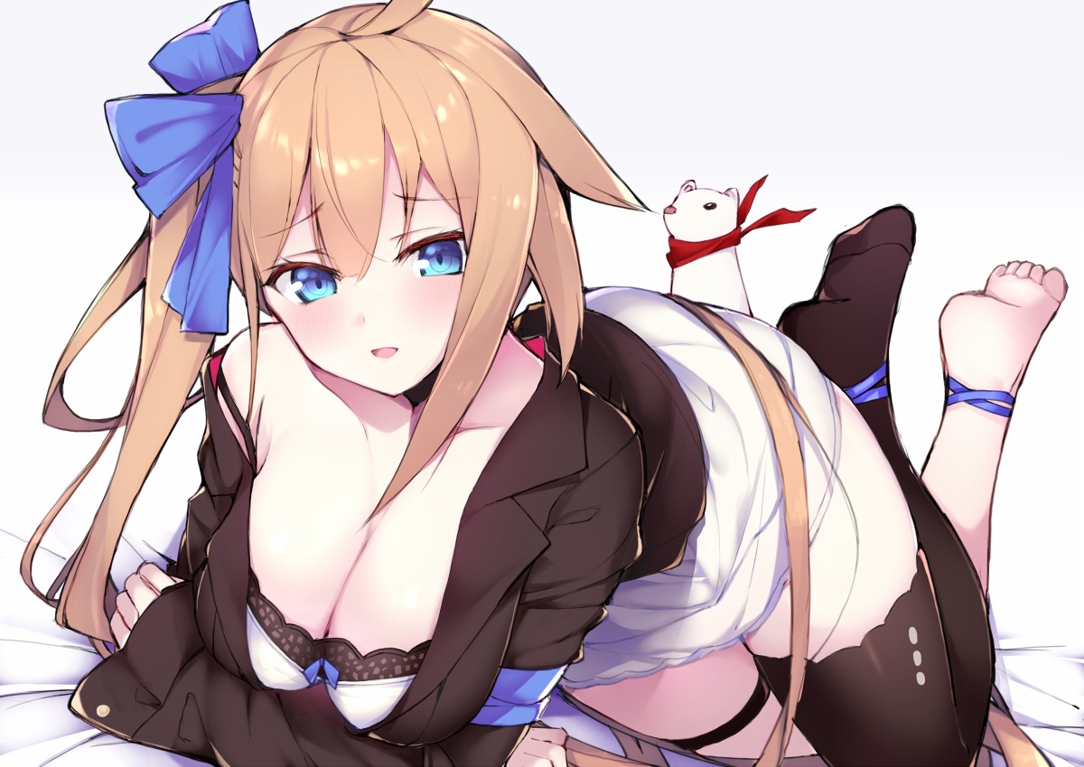 animal, anthropomorphism, aqua_eyes, blonde_hair, bra, fal_(girls_frontline), garter, girls_frontline