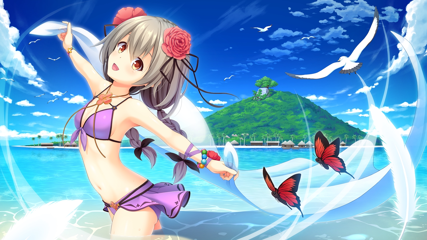 beach, bikini, braids, butterfly, erin_(teria_saga), flowers, ribbons, sora_freebird