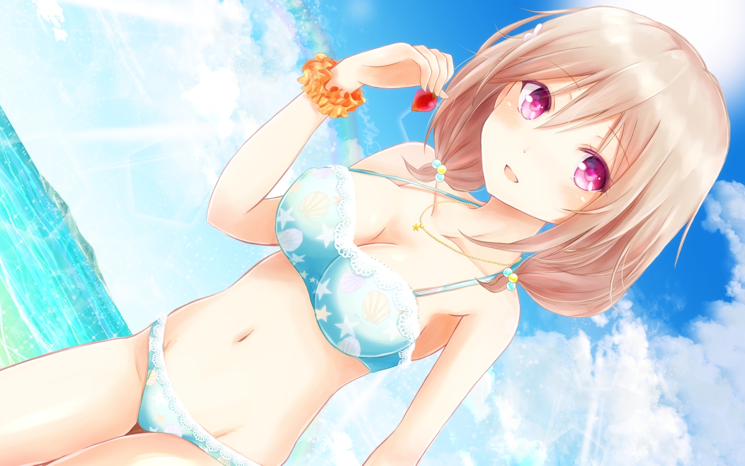 bikini, blonde_hair, breasts, cleavage, clouds, food, fruit, girlfriend_(kari), kazemachi_haruka, masa_(mirage77), navel, necklace, pink_eyes, short_hair, sky, strawberry, swimsuit, twintails, water