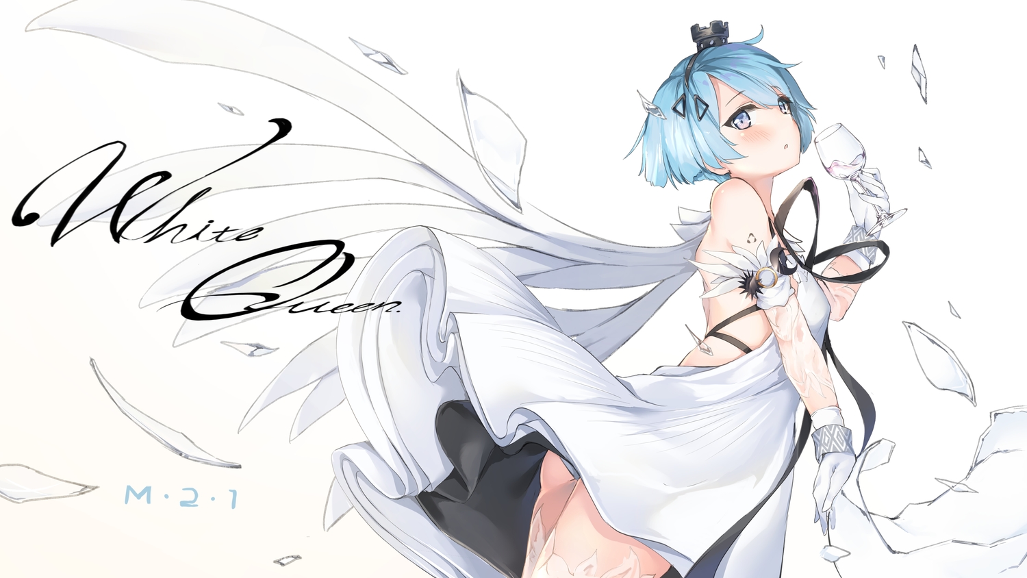 anthropomorphism, blue_eyes, blue_hair, blush, dress, drink, girls_frontline, gloves, hansal, headband, short_hair, white, zas_m21_(girls_frontline)