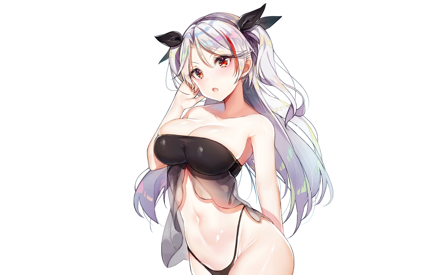 anthropomorphism, azur_lane, bikini, blush, breasts, cleavage, long_hair, navel, prinz_eugen_(azur_lane), red_eyes, swimsuit, third-party_edit, white, white_hair, yayoichi_(yoruyoru108)