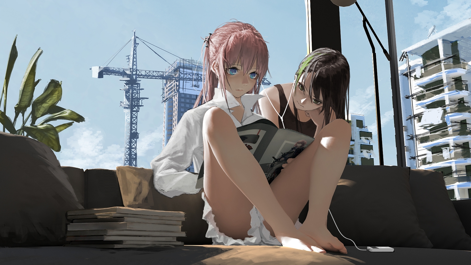 2girls, anthropomorphism, barefoot, black_eyes, black_hair, blue_eyes, book, building