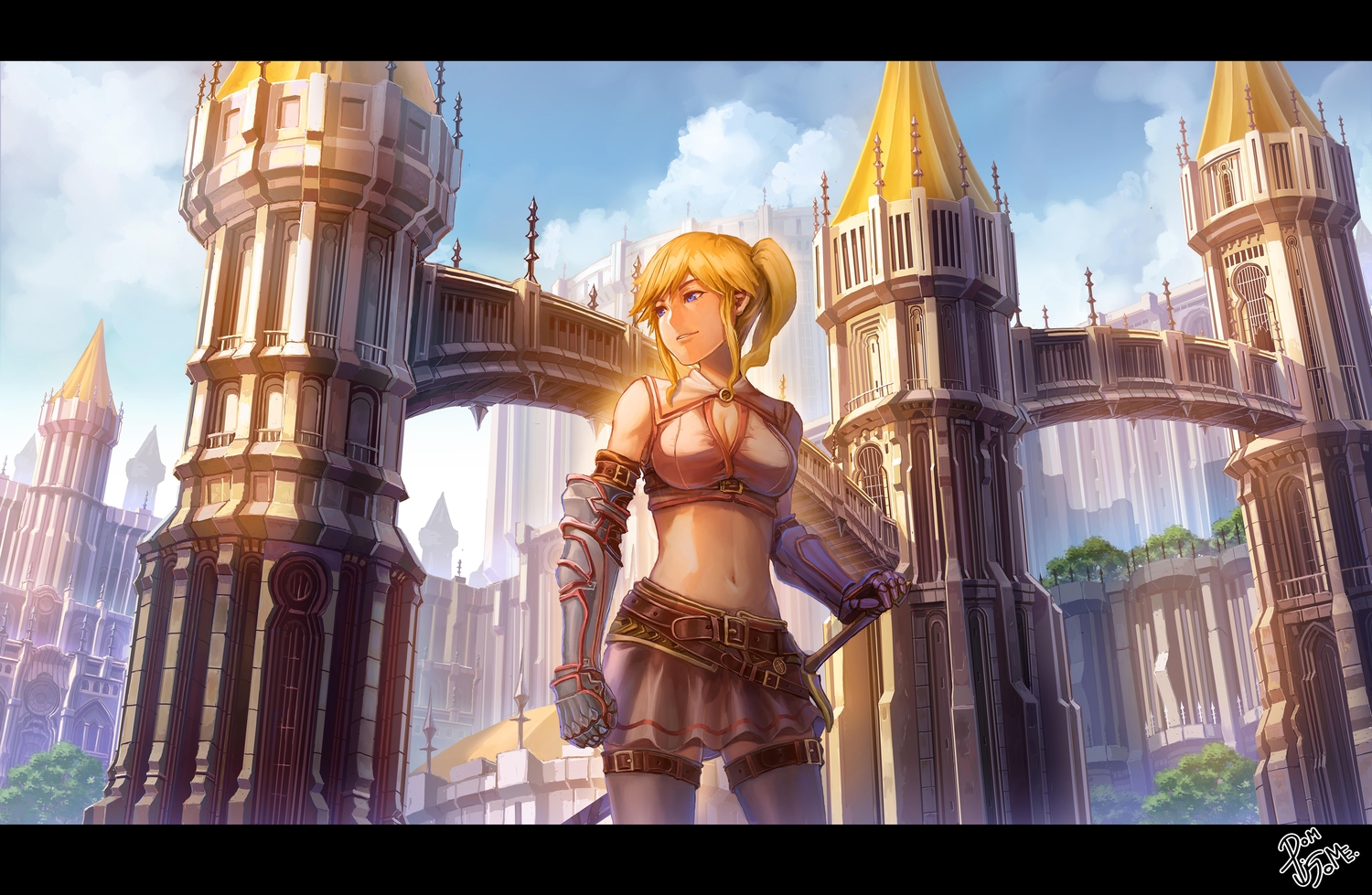 armor, blonde_hair, blue_eyes, breasts, building, city, cleavage, clouds