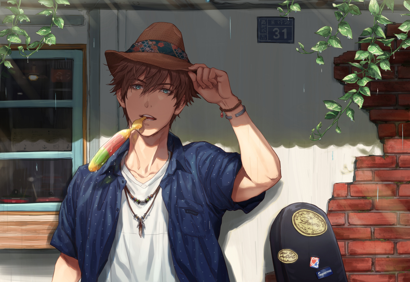 all_male, brown_hair, candy, close, green_eyes, hat, instrument, male, necklace, original, rain, shade, short_hair, water, wristwear, zawar379