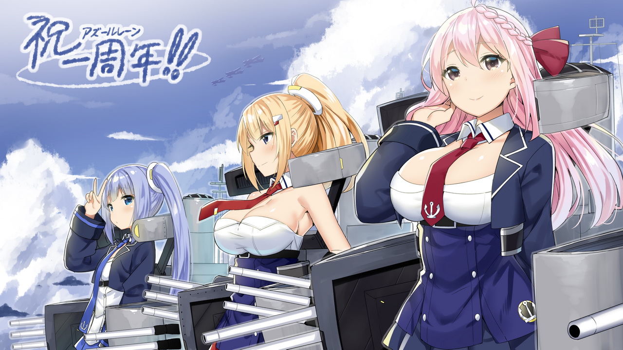 aircraft, anthropomorphism, astoria_(azur_lane), azur_lane, blonde_hair, blue_hair, braids, breasts, cleavage, clouds, dress, long_hair, pink_hair, ponytail, quincy_(azur_lane), sky, sky_(freedom), tie, uniform, vincennes_(azur_lane), weapon