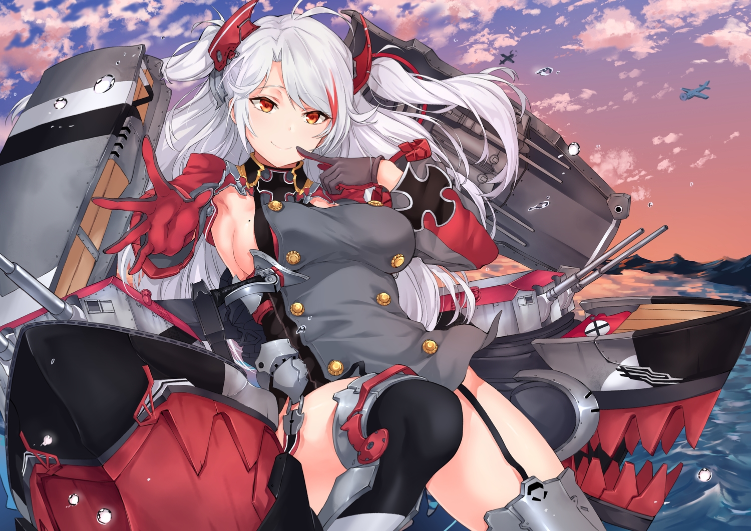 aircraft, anthropomorphism, armor, azur_lane, breasts, clouds, dress, garter_belt, gloves, long_hair, orange_eyes, prinz_eugen_(azur_lane), sideboob, sirurabbit, sky, sunset, thighhighs, twintails, uniform, water, weapon, white_hair