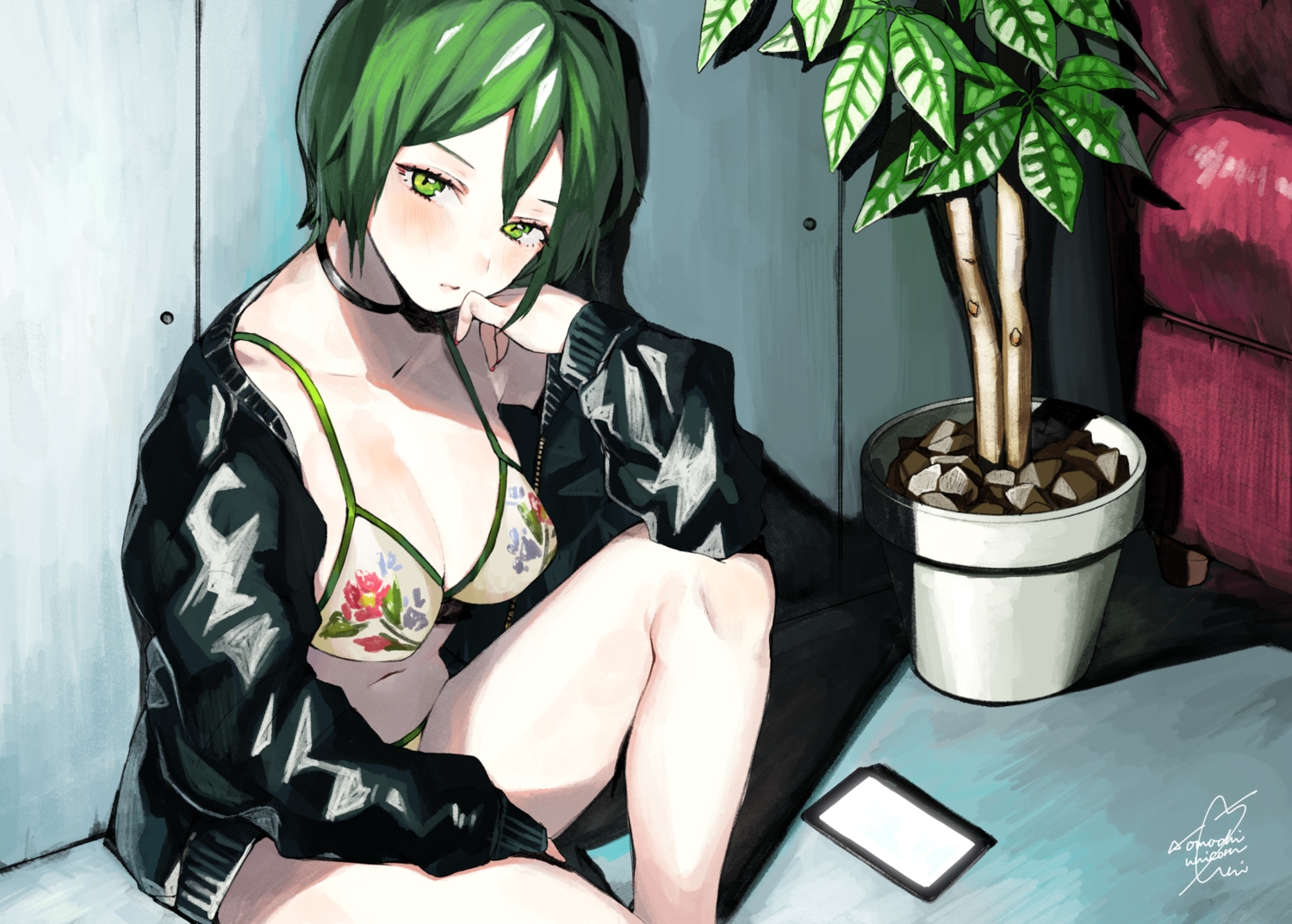 bikini, breasts, choker, cleavage, green_eyes, green_hair, navel, schoolgirl_strikers, short_hair, signed, swimsuit, tree, uni_(melm), yukishiro_mari