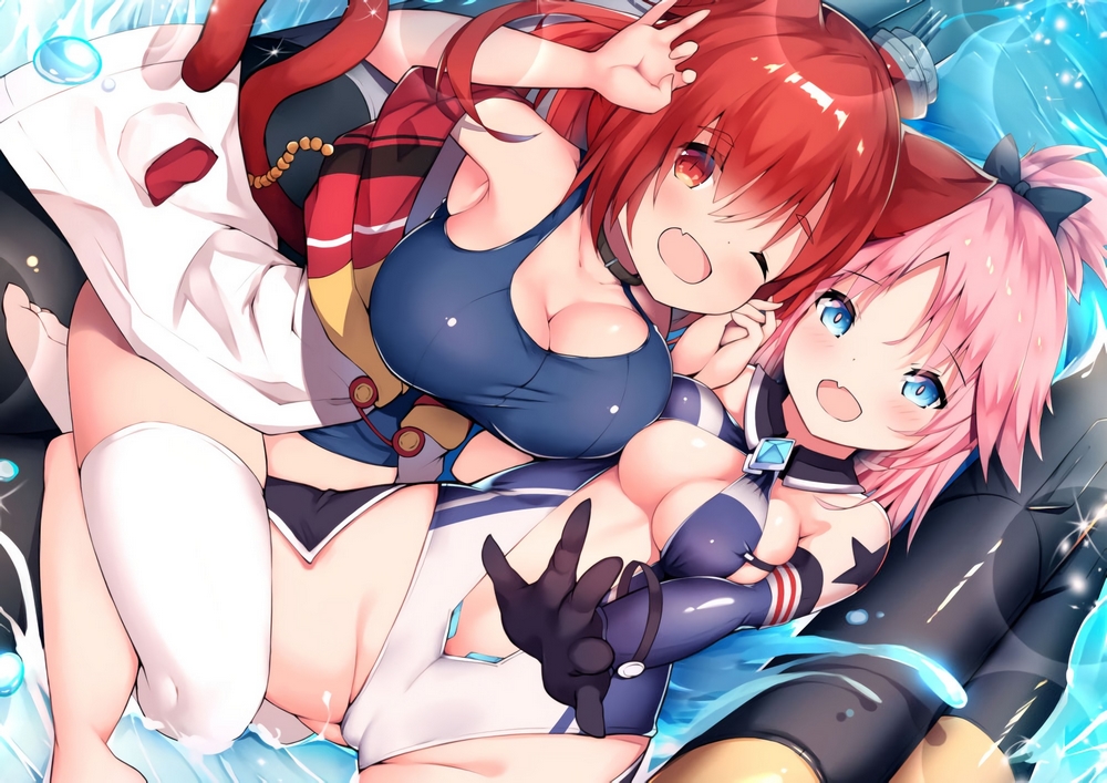 2girls, animal_ears, anthropomorphism, aqua_eyes, azur_lane, breasts, cameltoe, catgirl