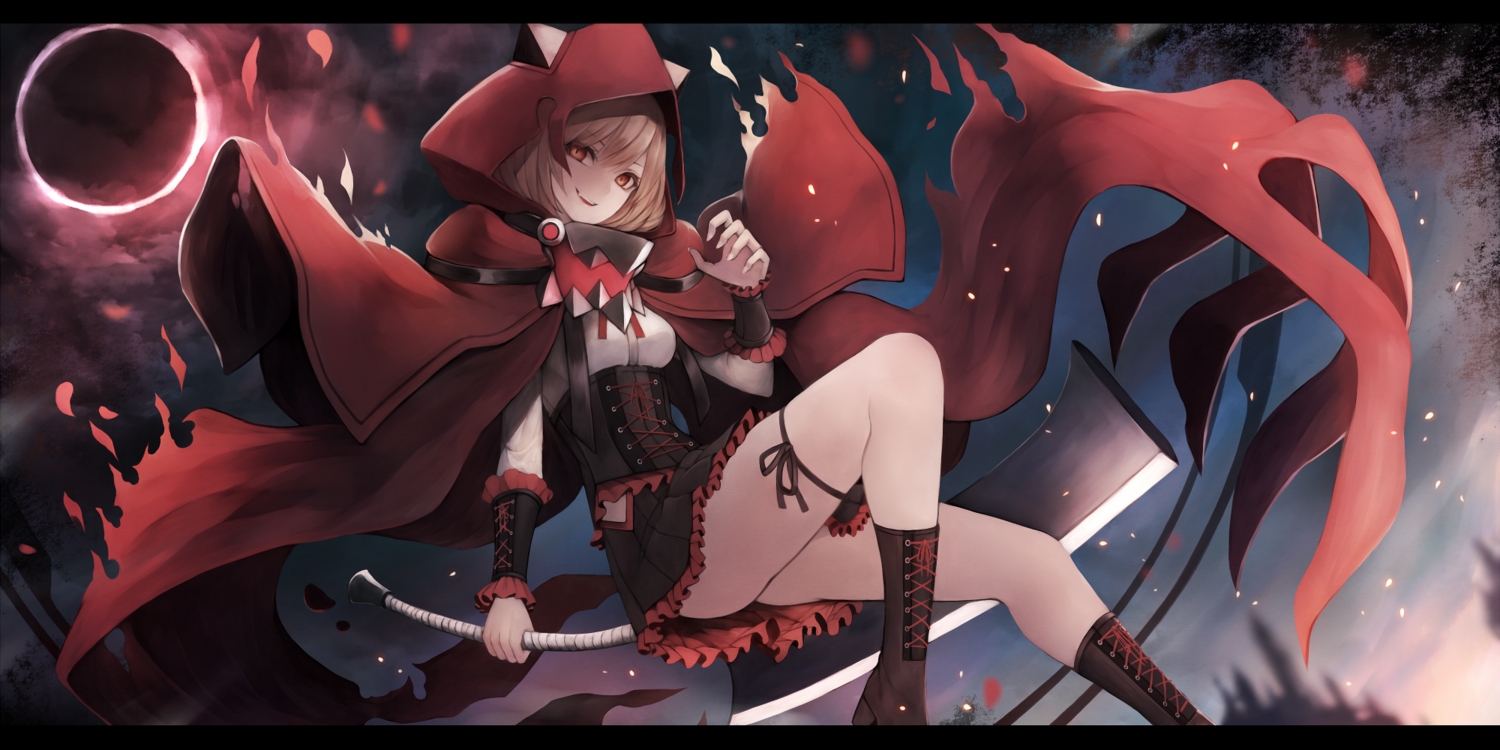 blonde_hair, boots, cape, corset, fang, hood, lolita_fashion, moon, original, red_eyes, skirt, sky, snm, weapon