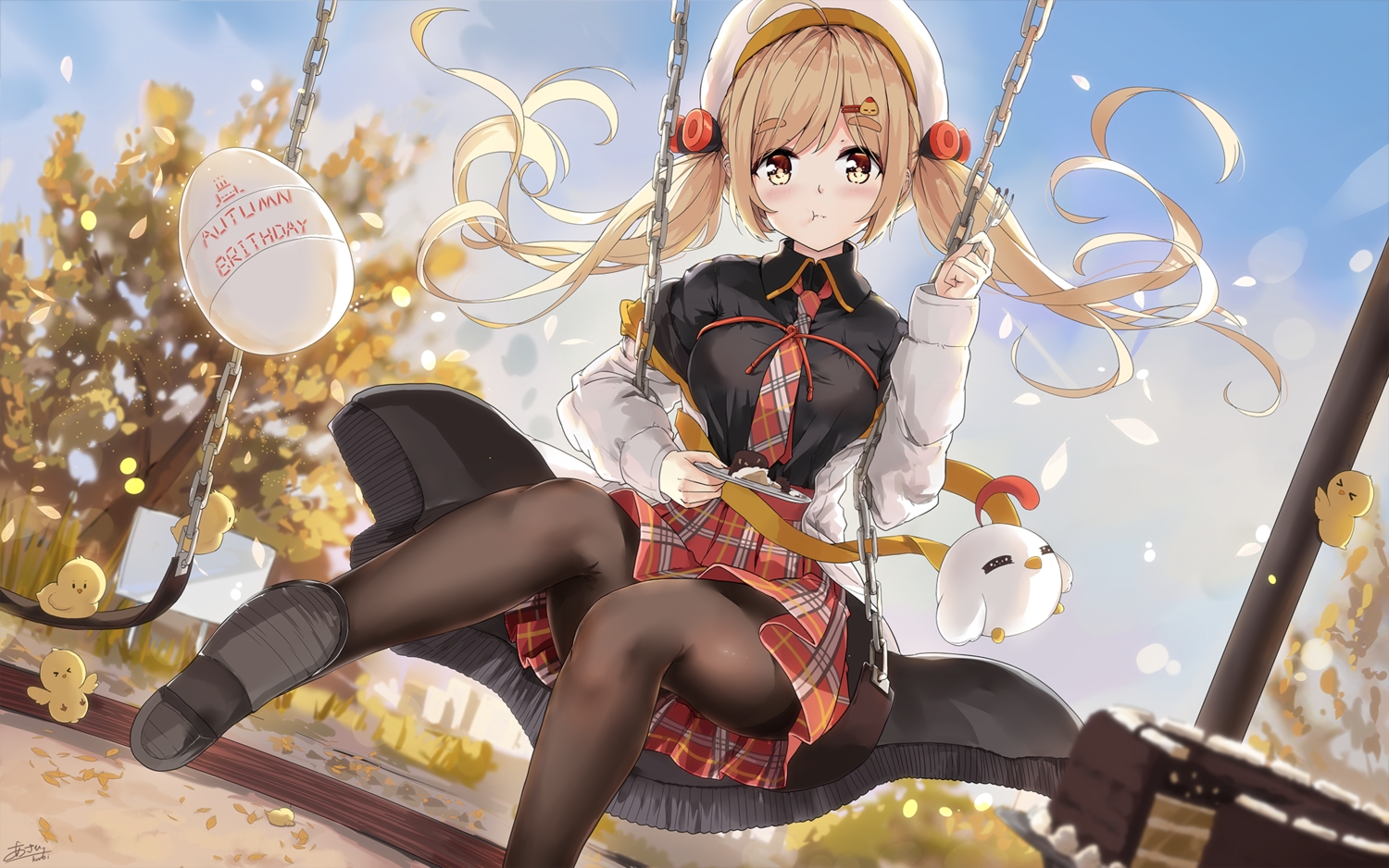 animal, asahi_kuroi, autumn, bird, blonde_hair, cake, food, hat