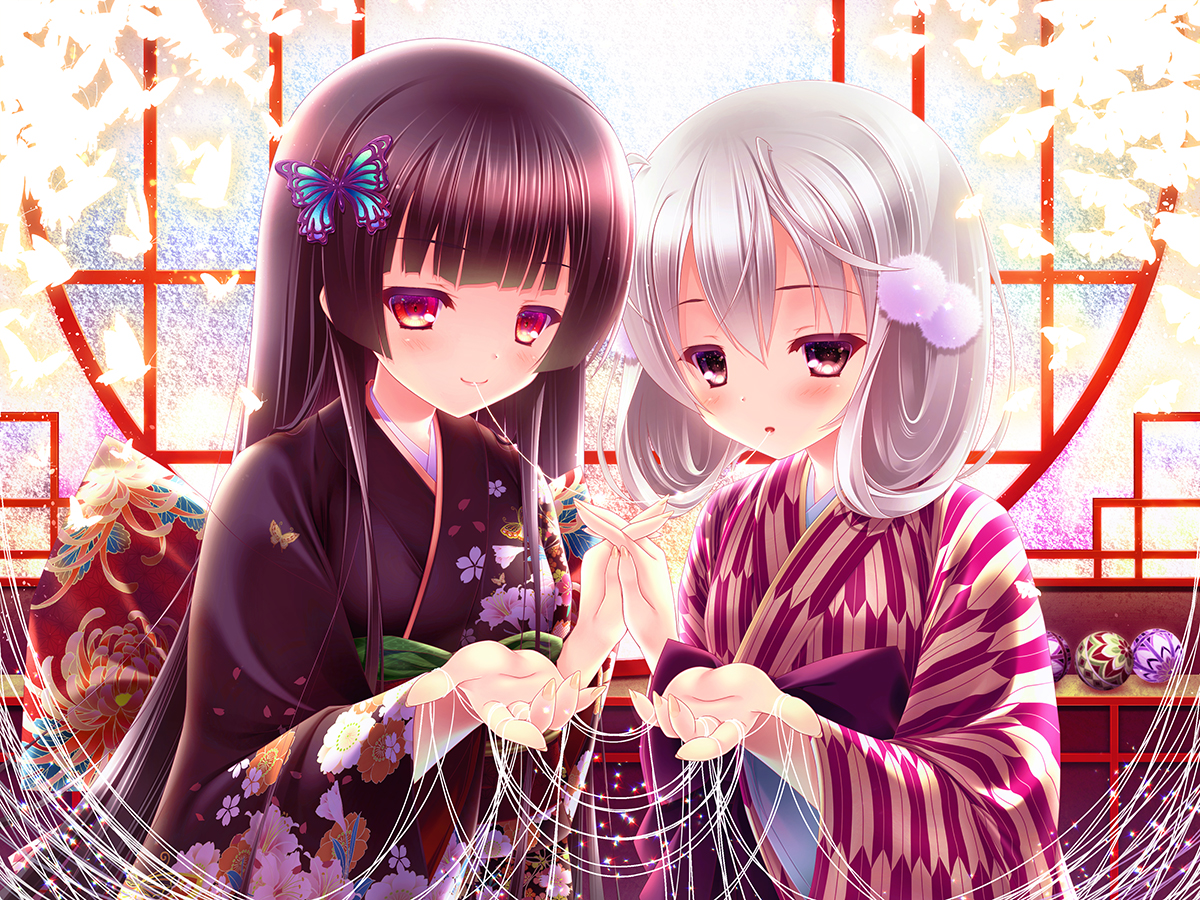 2girls, black_hair, brown_eyes, gray_hair, inagaki_miiko, japanese_clothes, kimono, long_hair