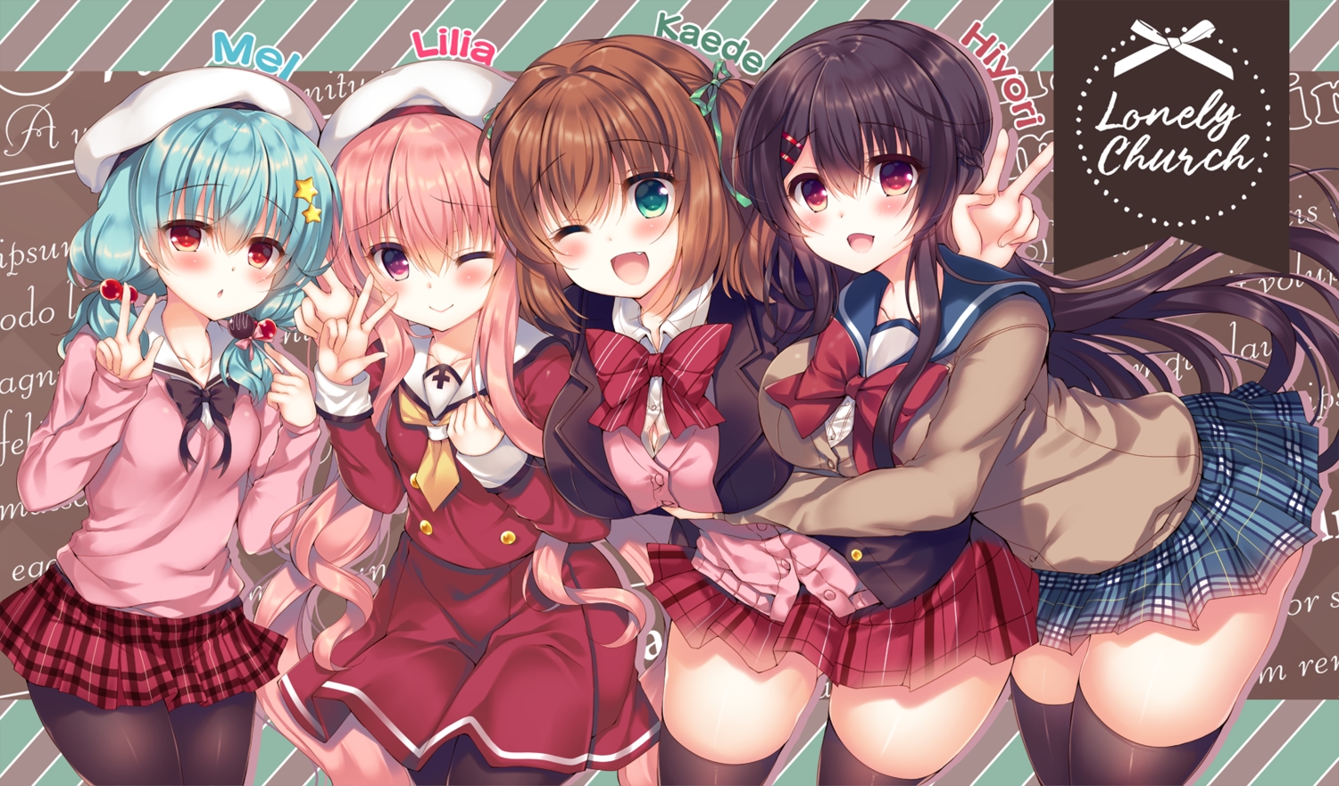 aoki_kaede, aqua_hair, black_hair, blush, bow, breasts, brown_hair, fang, green_eyes, group, hiiragi_hiyori, hug, lilia_chocolanne, long_hair, mel_clair, original, pantyhose, pink_hair, purple_eyes, red_eyes, school_uniform, short_hair, skirt, suzunone_rena, twintails, wink, zettai_ryouiki