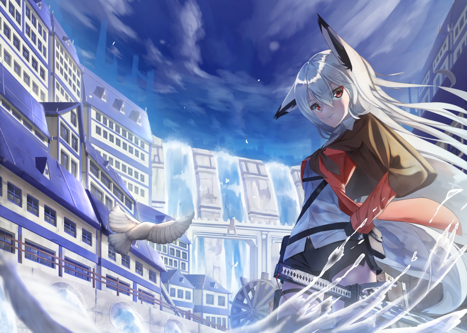 animal, animal_ears, bird, building, city, foxgirl, garter, gray_hair