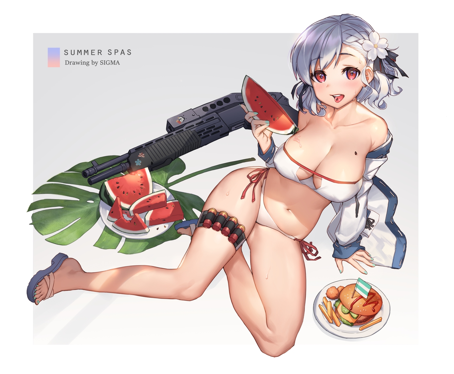anthropomorphism, bikini, blush, braids, breasts, cleavage, food, fruit, garter, girls_frontline, gray_hair, gun, japanese_clothes, navel, red_eyes, ribbons, short_hair, spas-12_(girls_frontline), summer, swimsuit, watermark, watermelon, weapon, ya+ma
