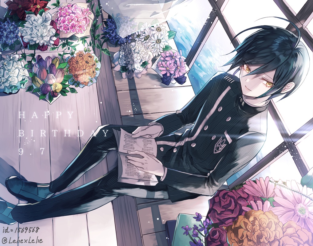 all_male, black_hair, book, dangan-ronpa, flowers, male, new_dangan-ronpa_v3, saihara_shuichi