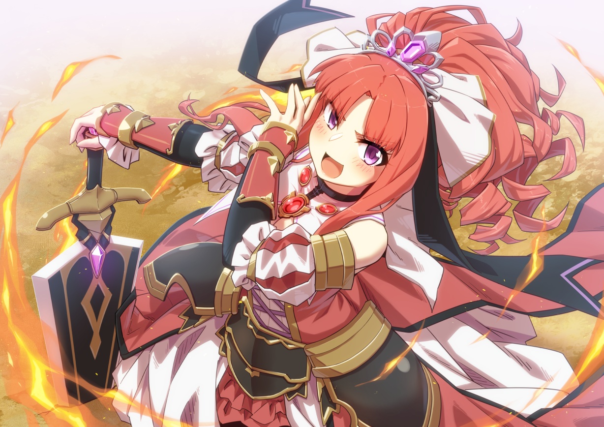 armor, blush, dress, fire, long_hair, magic, mizunashi_(second_run), ponytail