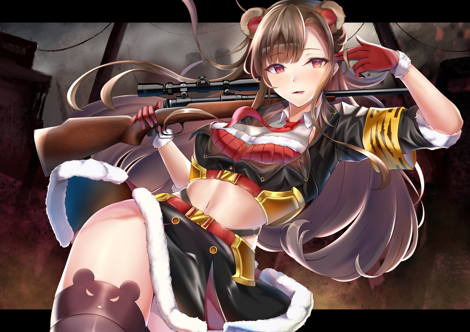 animal_ears, brown_hair, building, garter_belt, gloves, gun, jpeg_artifacts, long_hair, navel, numaguro_(tomokun0808), original, red_eyes, skirt, thighhighs, tie, weapon