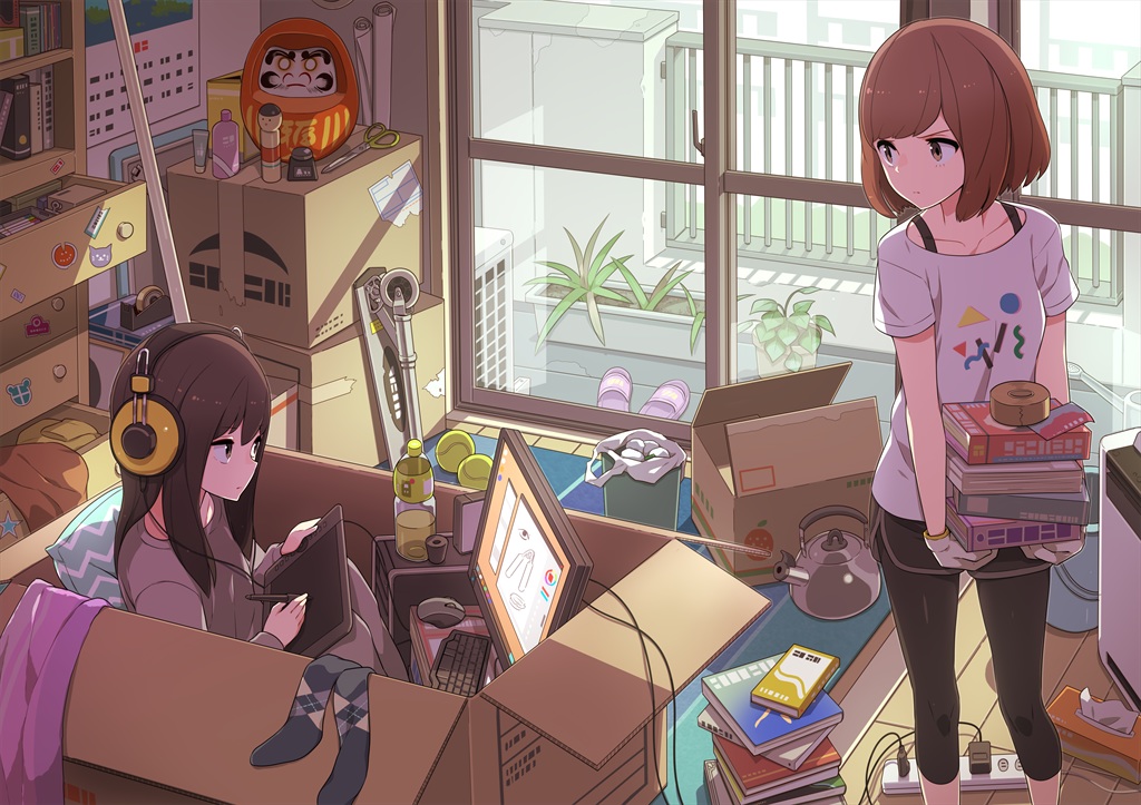 2girls, ball, brown_eyes, brown_hair, computer, drink, gloves, headphones