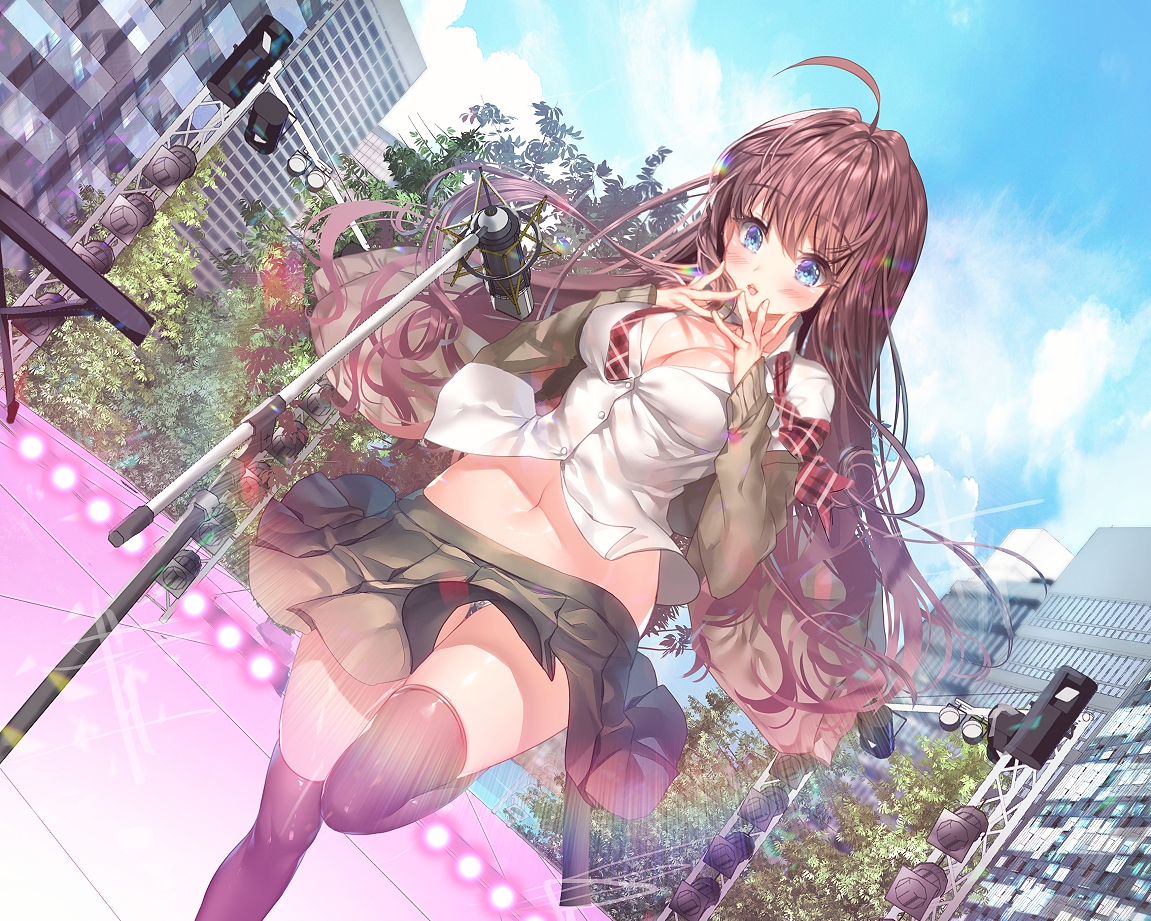 aile_(crossroads), blue_eyes, breasts, brown_hair, building, city, cleavage, cropped
