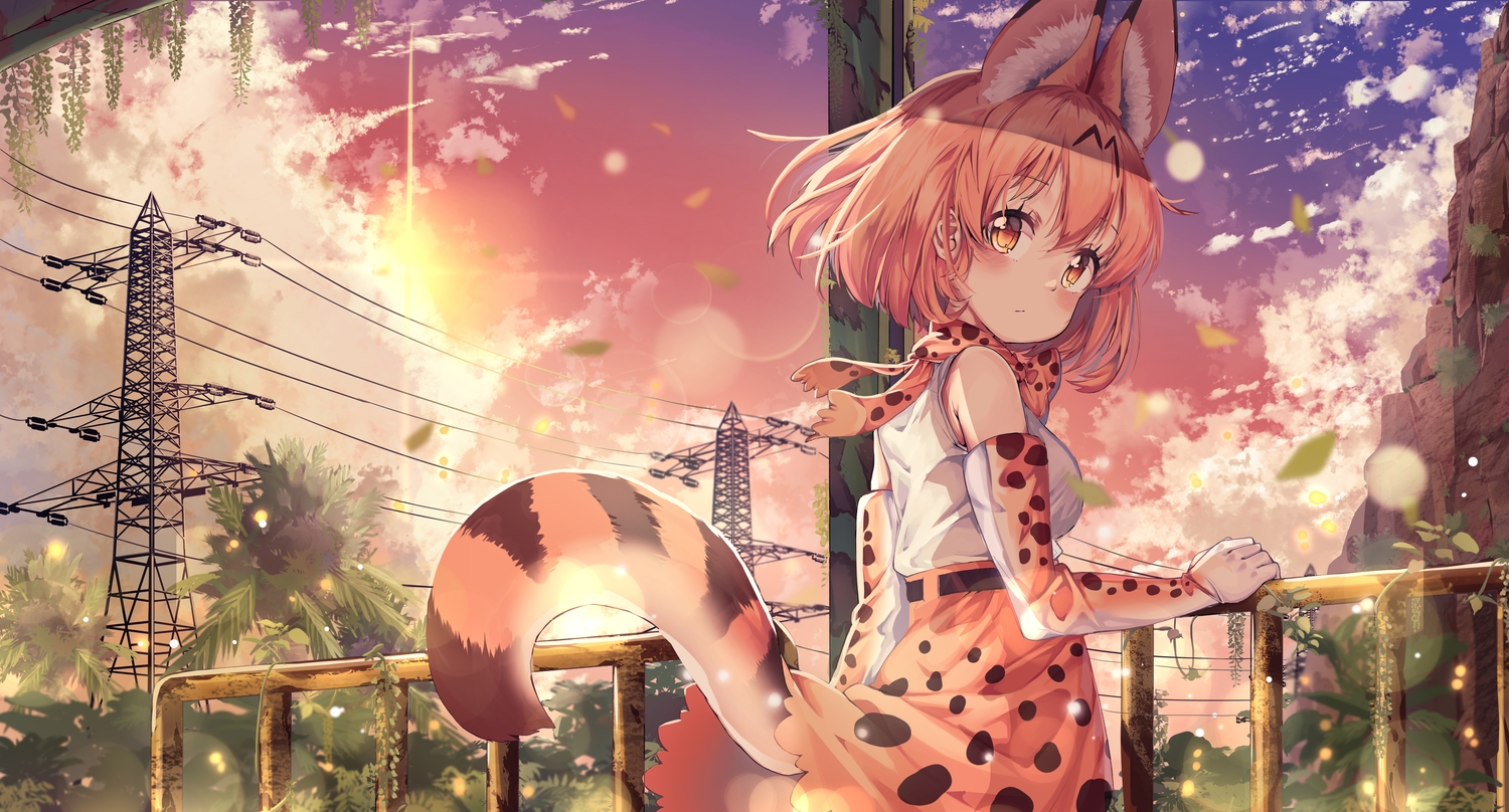 animal_ears, animal_ears_(artist), anthropomorphism, blonde_hair, blush, catgirl, clouds, elbow_gloves