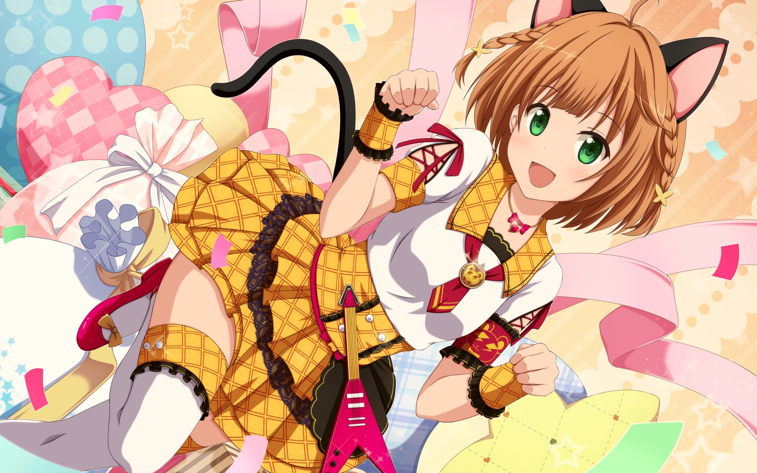animal_ears, blush, braids, brown_hair, catgirl, dress, green_eyes, himari_misaki, lolita_fashion, necklace, ribbons, shira-nyoro, short_hair, tail, thighhighs, tokimeki_idol, tokimeki_memorial, wristwear