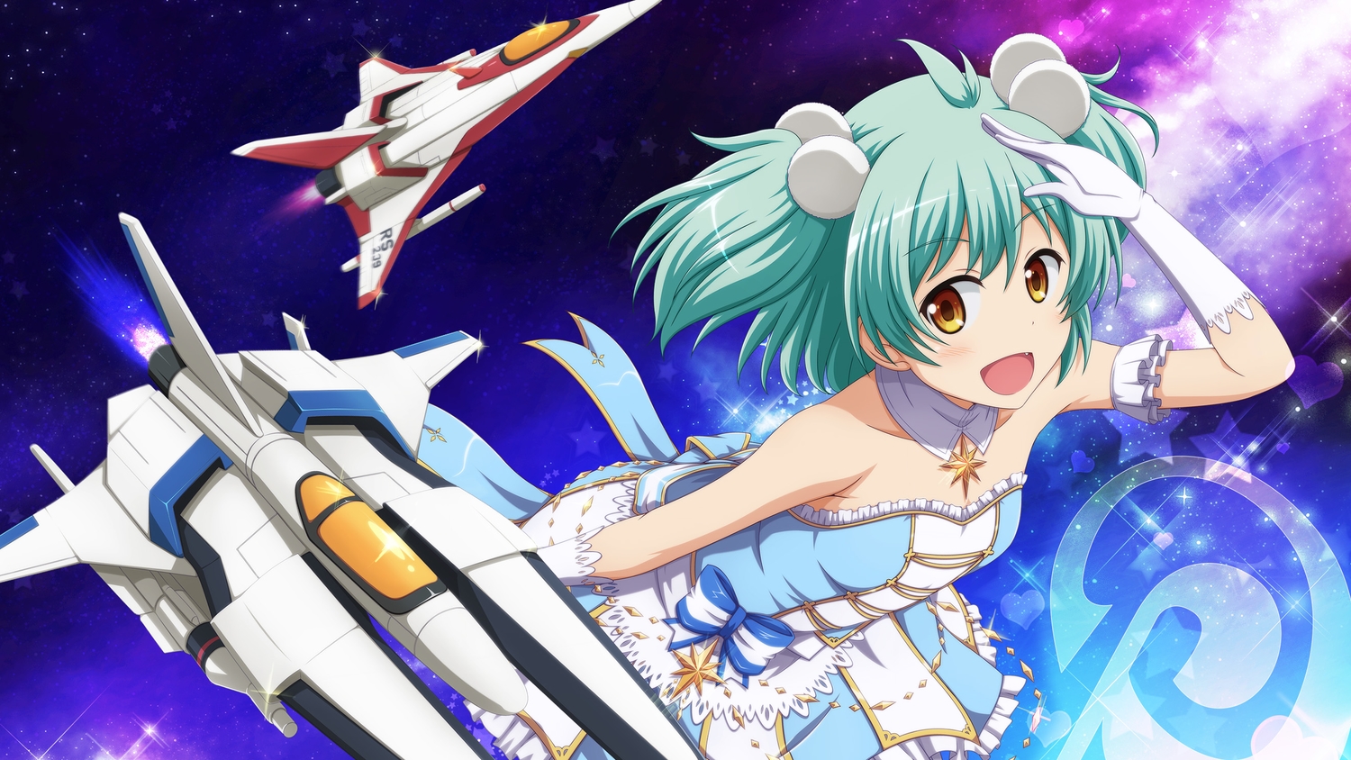 aircraft, blush, bow, collar, elbow_gloves, fang, gloves, green_hair, izumi_izumi, orange_eyes, ribbons, shira-nyoro, short_hair, skirt, space, stars, tokimeki_idol, tokimeki_memorial, twintails