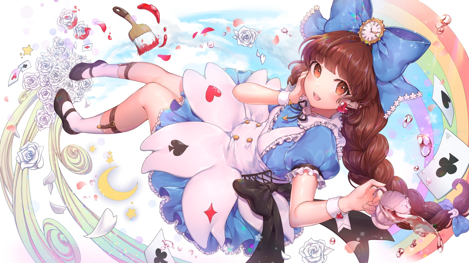alice_in_wonderland, bow, braids, brown_eyes, brown_hair, dress, drink, flowers