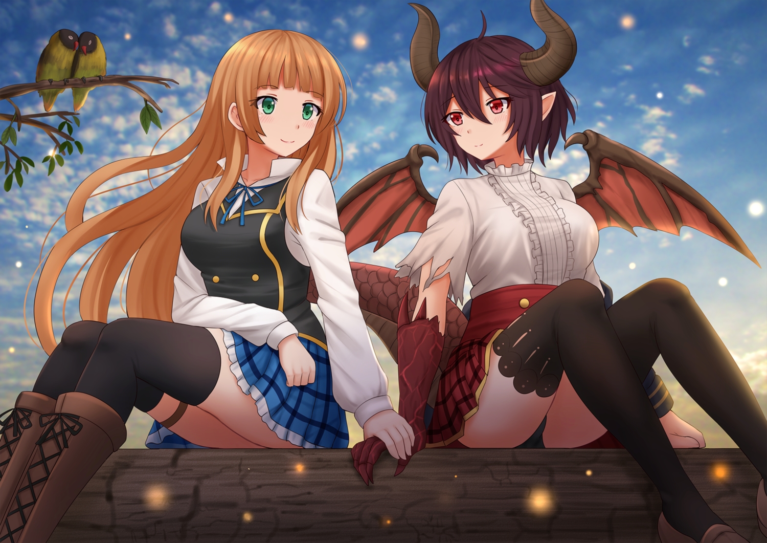 2girls, animal, anne_(shingeki_no_bahamut), bird, blonde_hair, blush, boots, brown_hair