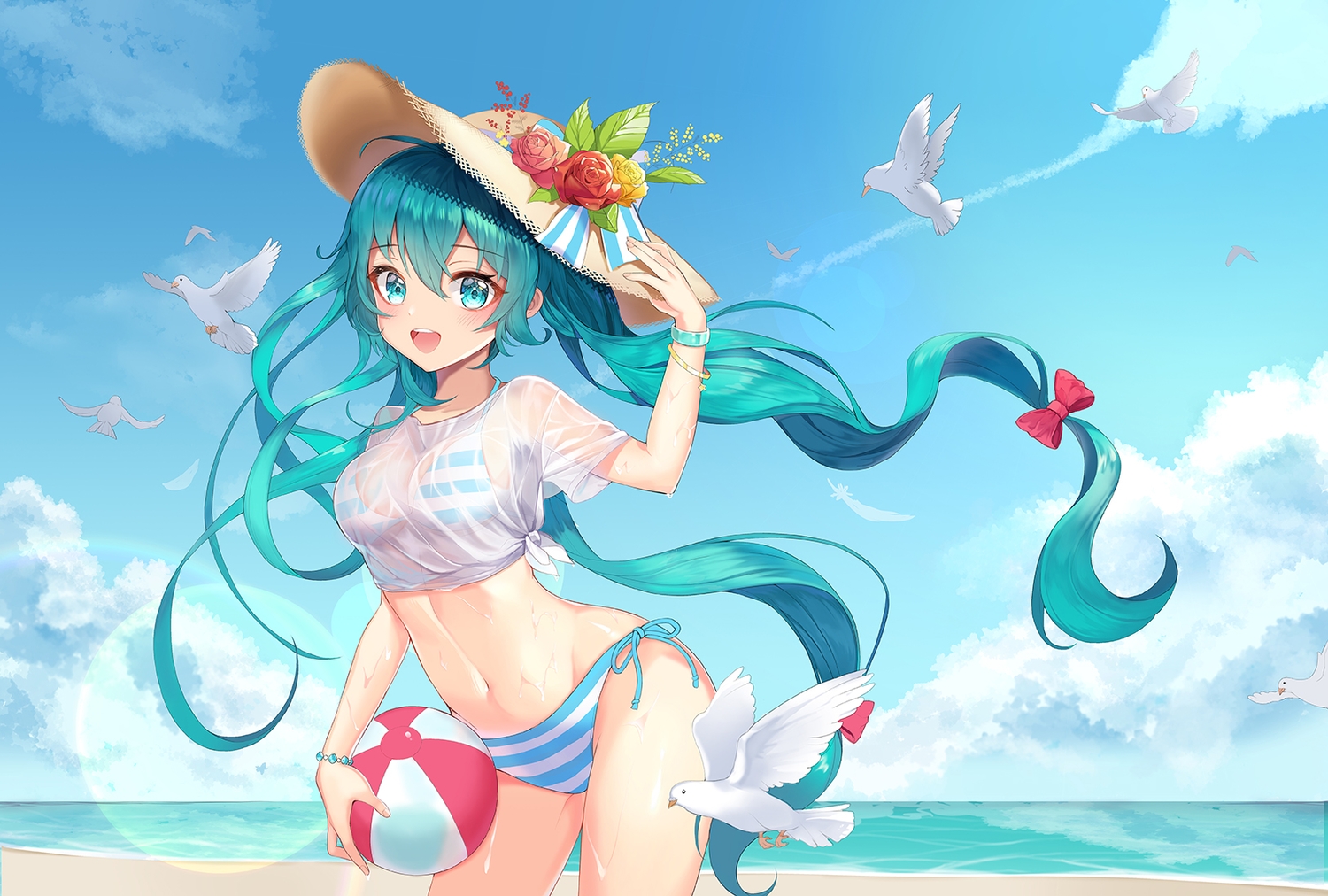 animal, aqua_eyes, aqua_hair, ball, beach, bikini, bird, flowers, hat, hatsune_miku, long_hair, see_through, summer, swimsuit, twintails, vocaloid, water, wet, wristwear, yuna_(deadawon)