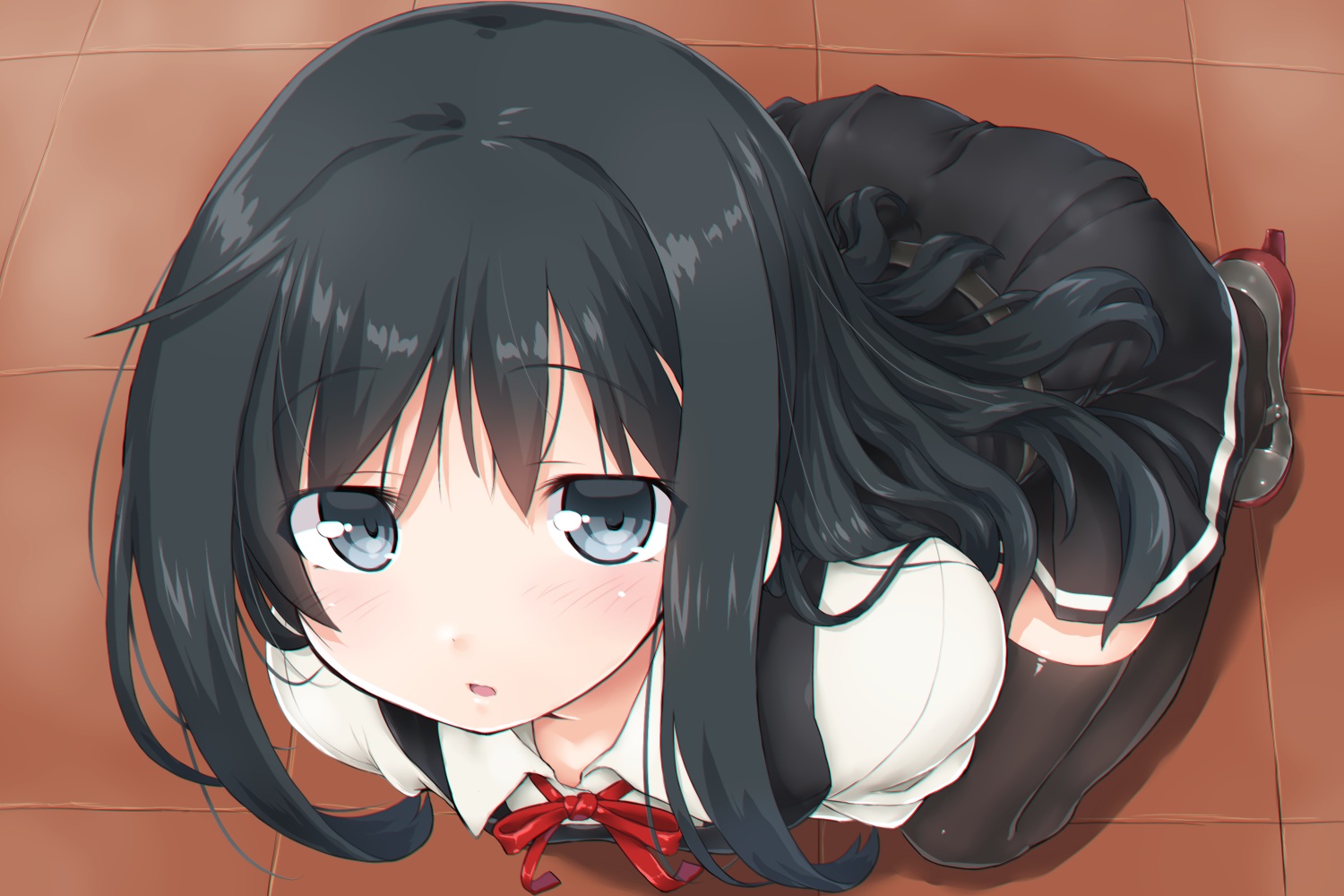 anthropomorphism, asashio_(kancolle), black_hair, bow, close, dd_(ijigendd), gray_eyes, kantai_collection, long_hair, ribbons, school_uniform, skirt, thighhighs