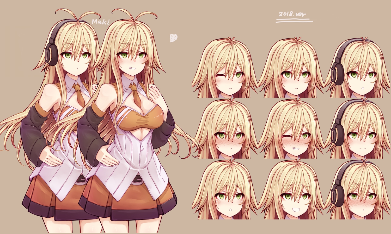 blonde_hair, blush, breasts, brown, cleavage, green_eyes, hachikuji, headphones, long_hair, skirt, tie, tsurumaki_maki, voiceroid, wink