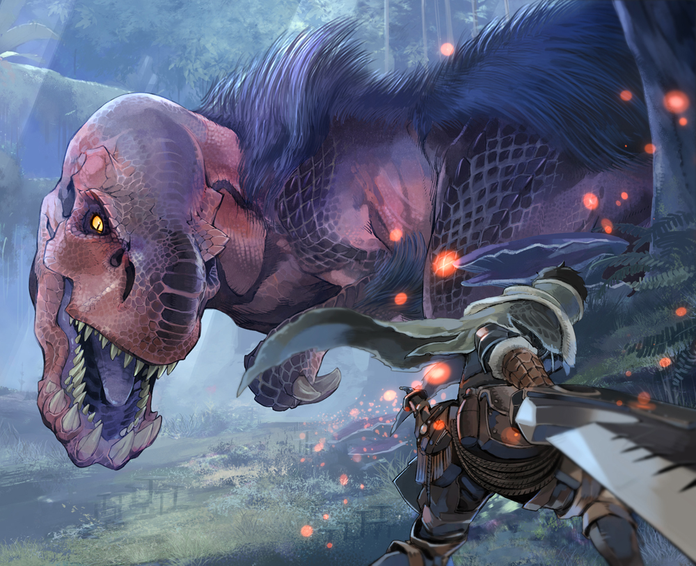 anjanath, black_hair, boots, cape, forest, fuse_ryuuta, gloves, grass, hunter_(armor), monster_hunter, monster_hunter:_world, night, rope, short_hair, sword, tree, weapon