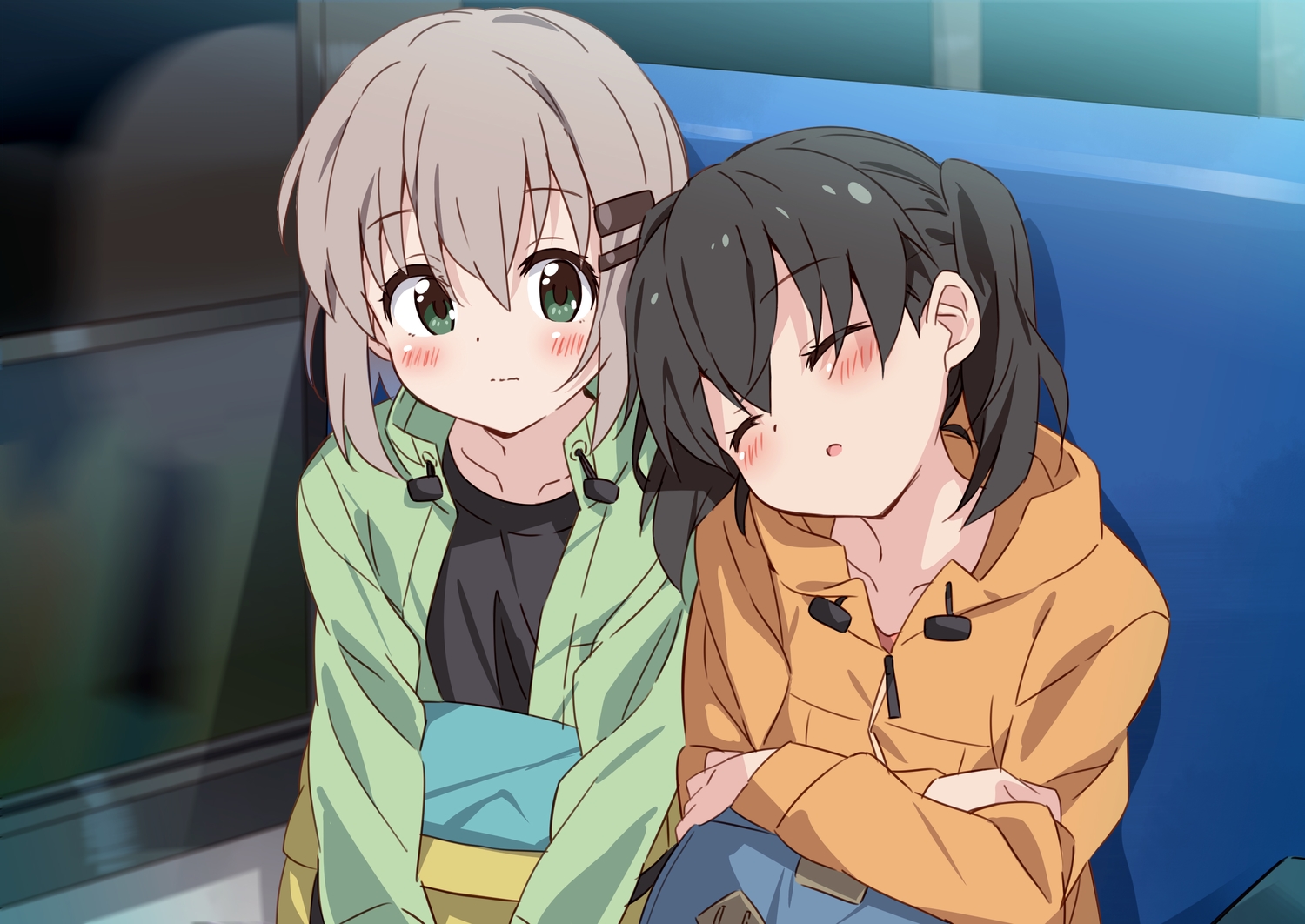 2girls, black_hair, blush, gray_hair, green_eyes, kuraue_hinata, loli, mousou_(mousou_temporary)
