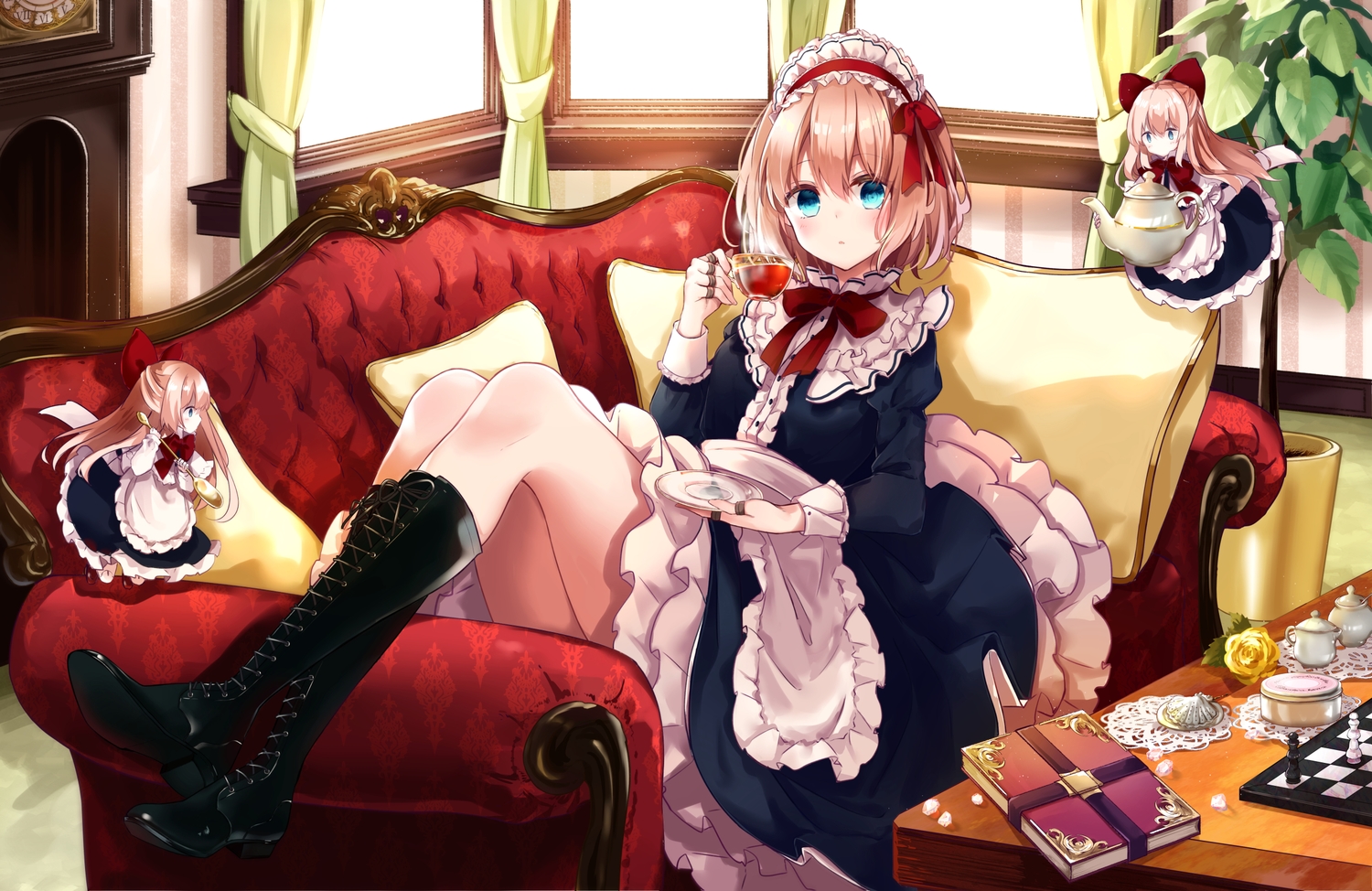 alice_margatroid, blonde_hair, blue_eyes, book, boots, bow, couch, doll