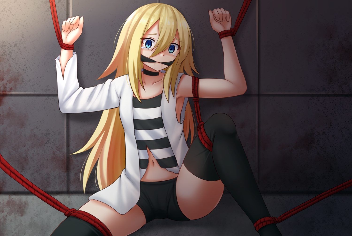 aqua_eyes, blonde_hair, bondage, choker, gag, kazenokaze, long_hair, rachel_gardner