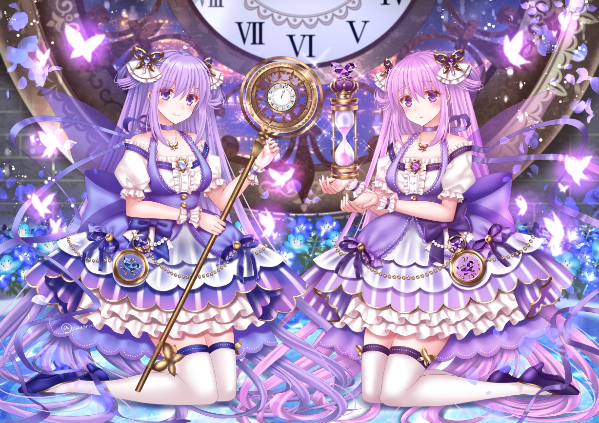 2girls, lolita_fashion, long_hair, original, purple, purple_eyes, purple_hair, staff