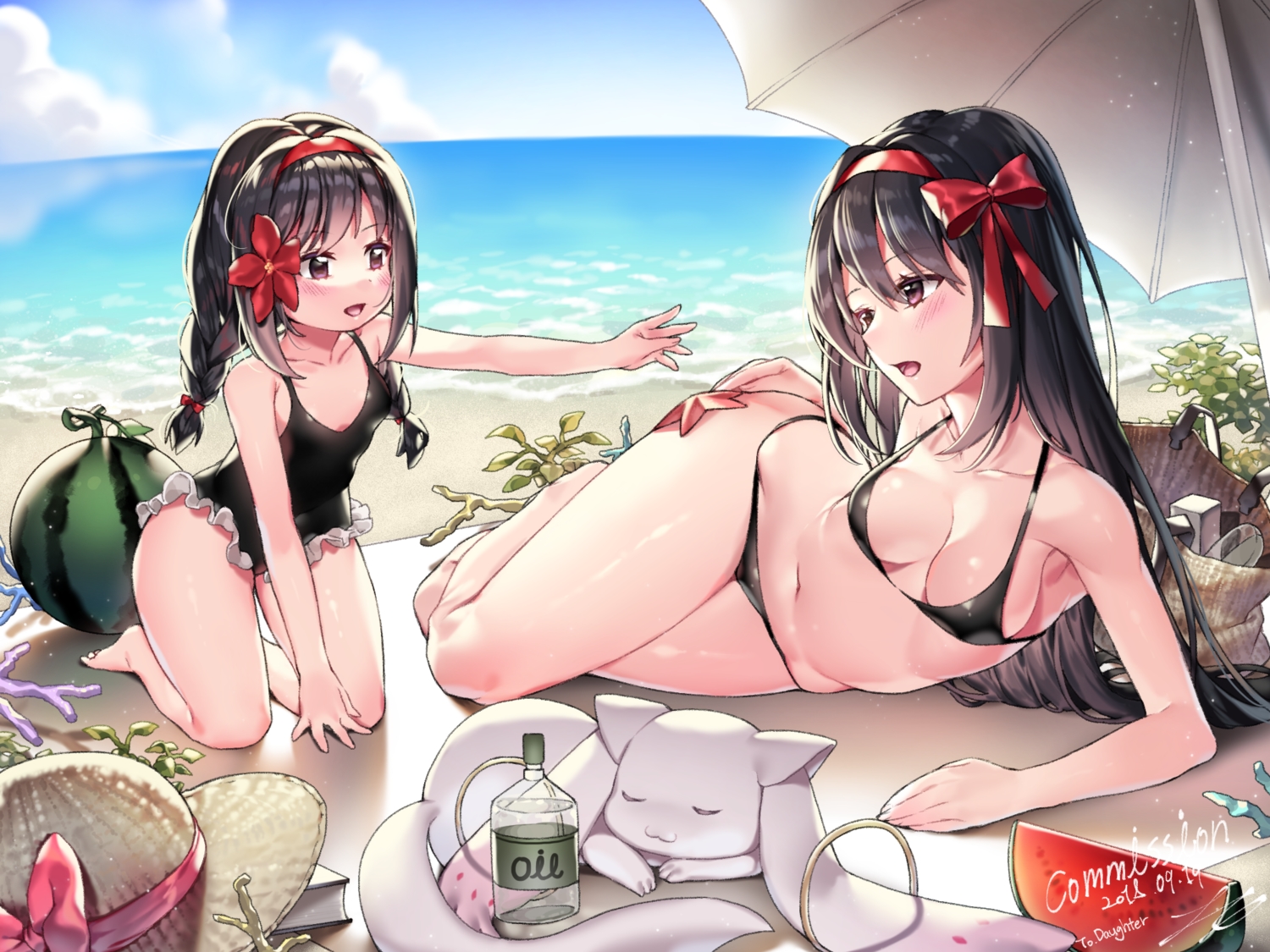 akemi_homura, barefoot, beach, bikini, black_hair, blush, book, bow