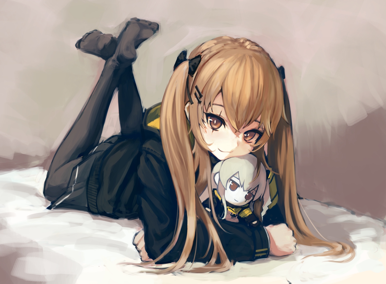 anthropomorphism, bed, blonde_hair, bow, brown_eyes, doll, girls_frontline, hara_shoutarou, hood, long_hair, pantyhose, scar, skirt, twintails, ump-45_(girls_frontline), ump-9_(girls_frontline)