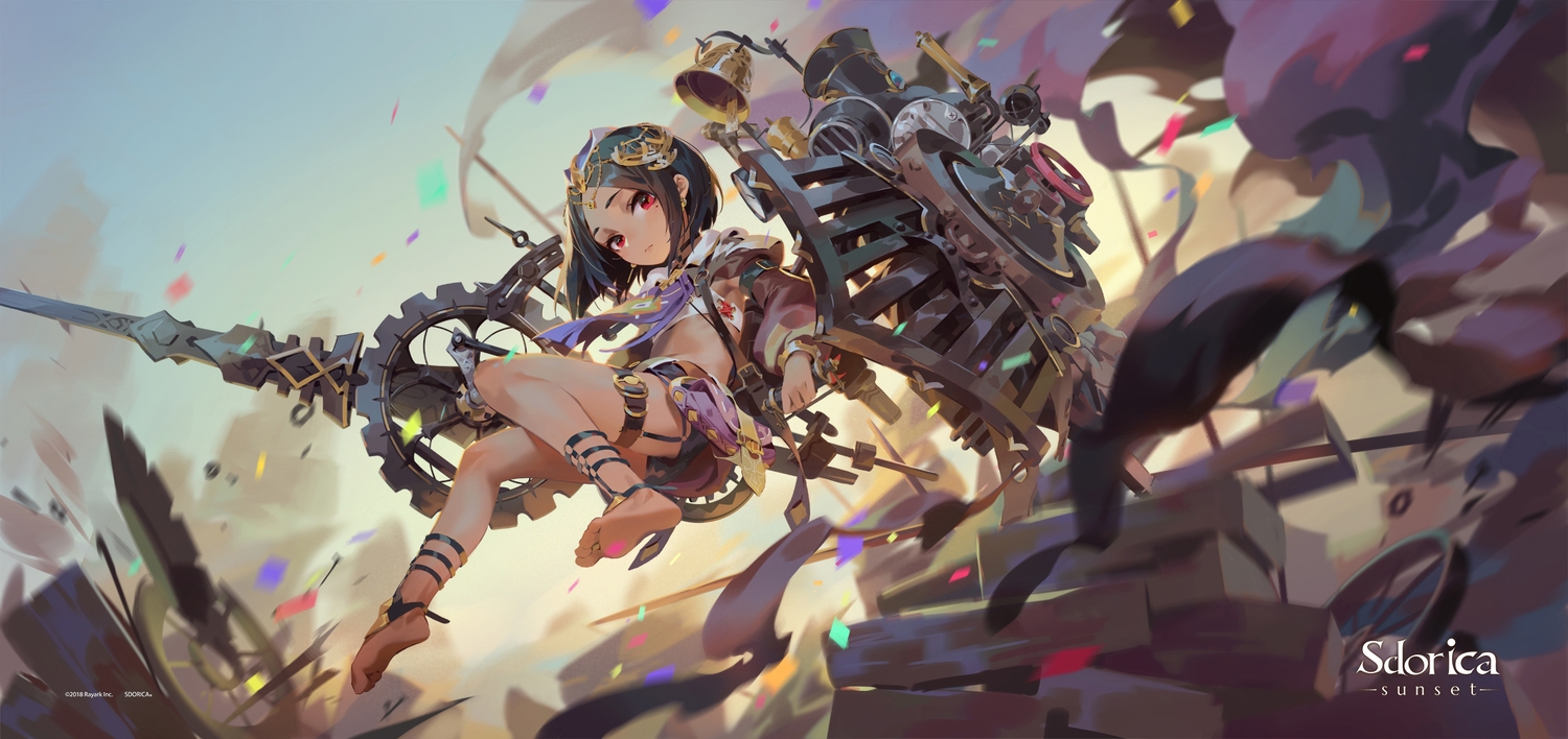 armor, barefoot, bell, black_hair, jofang, lisa_(sdorica), logo, loli