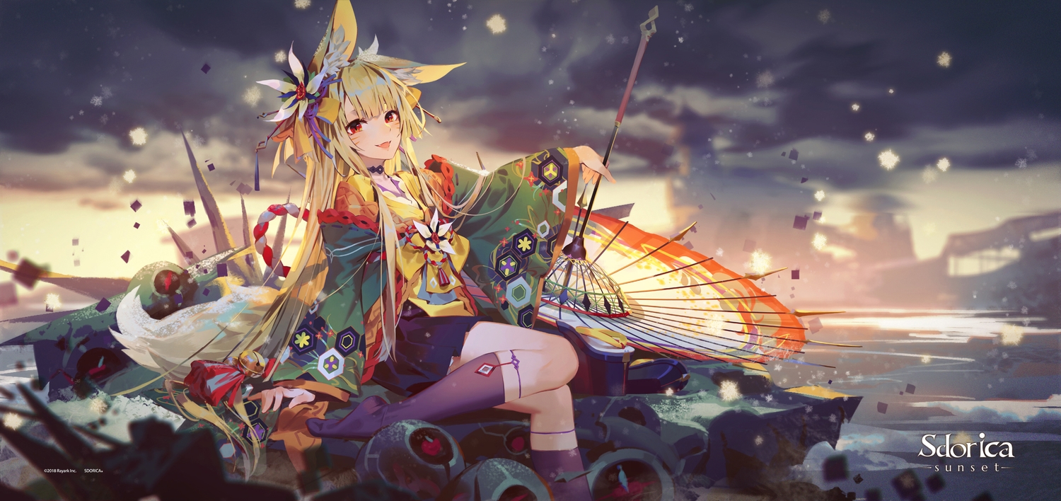 animal_ears, blonde_hair, clouds, fang, foxgirl, izumi_(sdorica), japanese_clothes, jofang